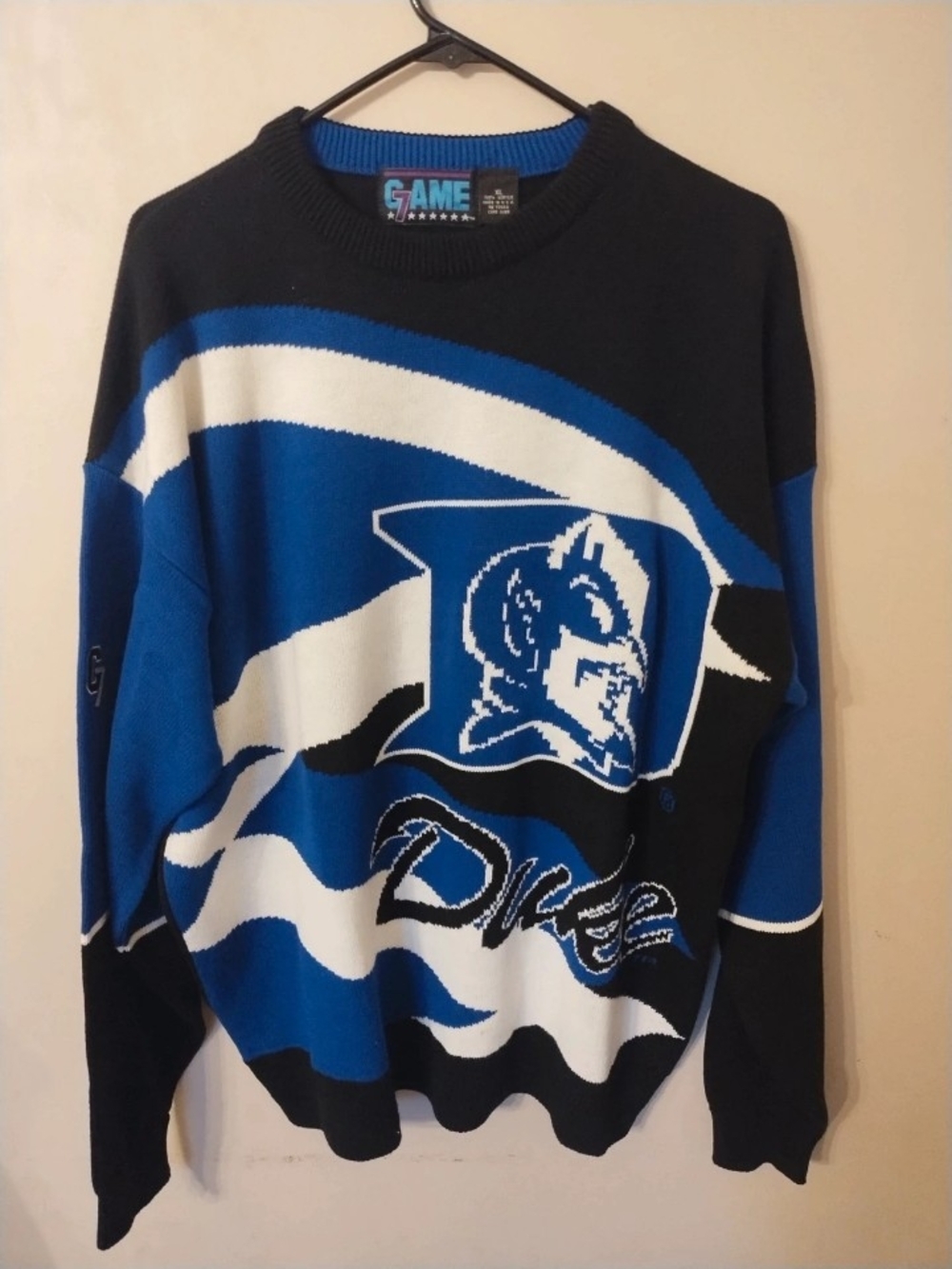 RARE Vintage 90s Duke Blue Devils Sweater XL The Game Knit NCAA Basketball AOP
